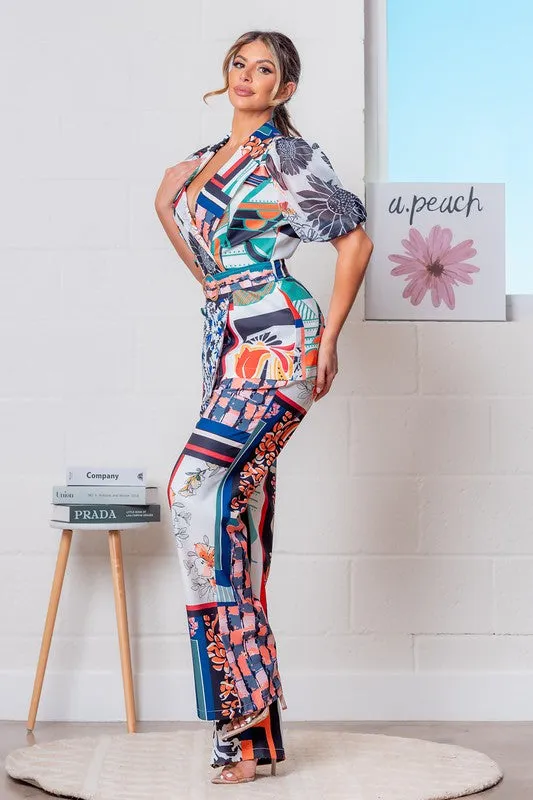 Orange Multi Double Breasted Floral Blazer w/ Pants Set