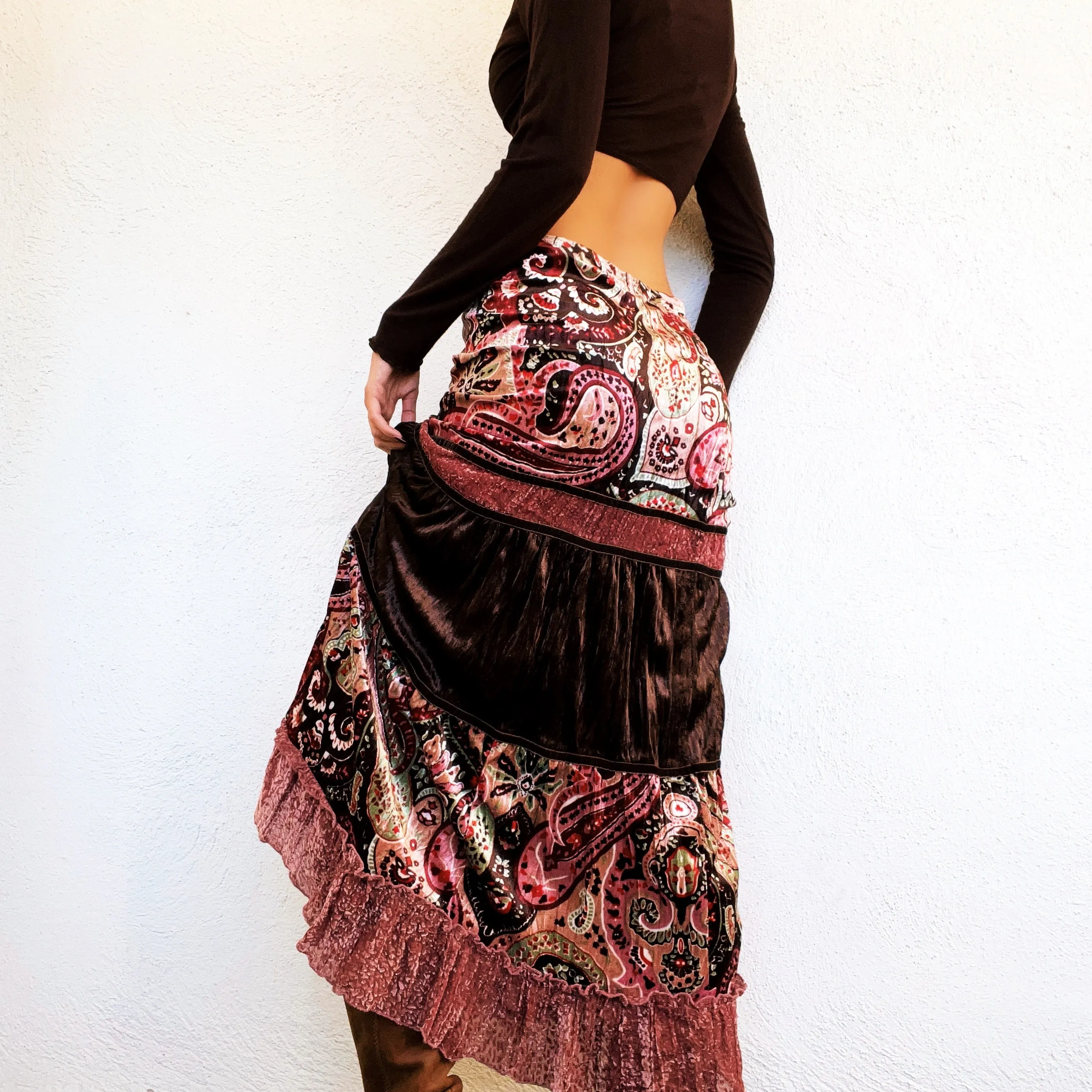 Pink & Brown Velvet Maxi Skirt