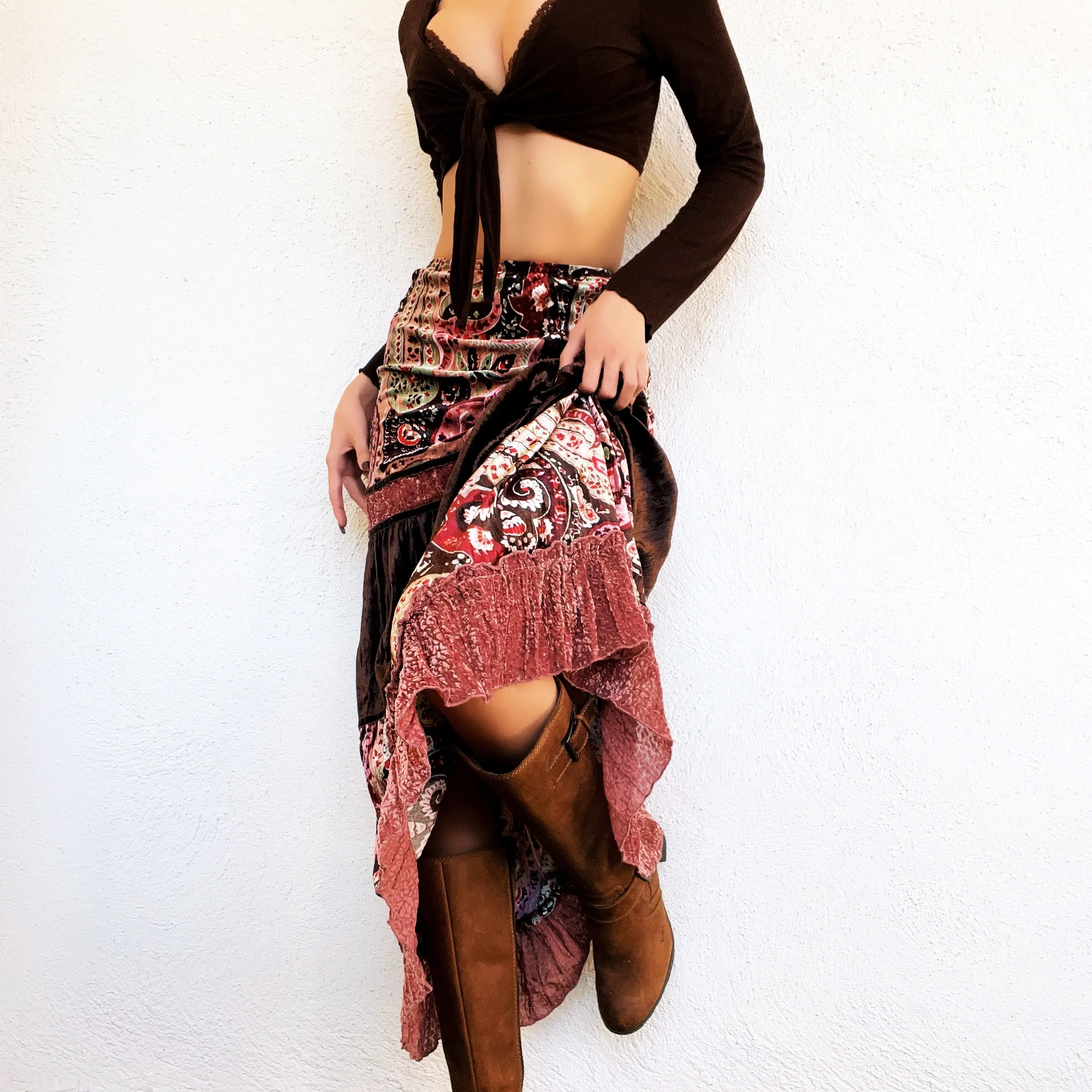 Pink & Brown Velvet Maxi Skirt