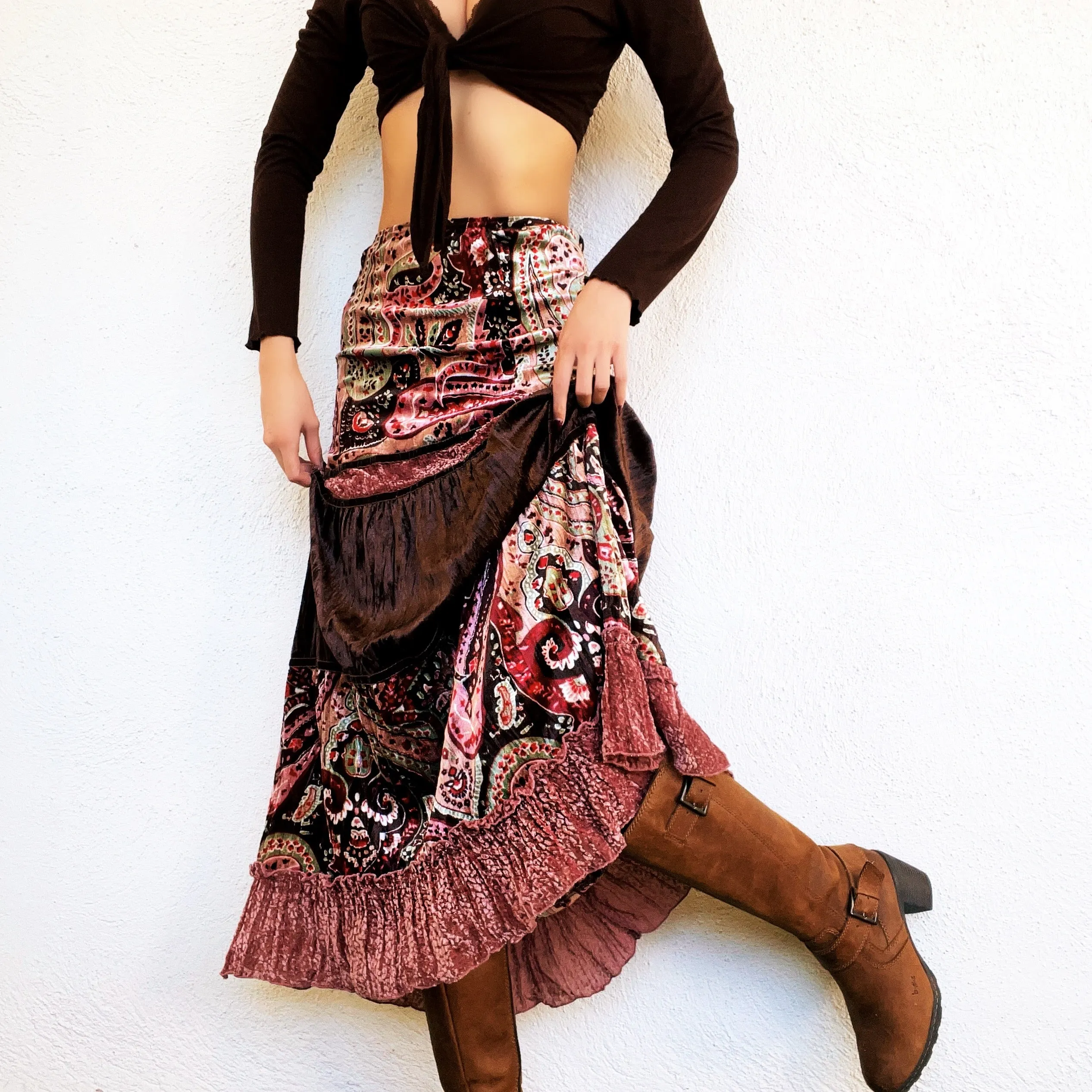Pink & Brown Velvet Maxi Skirt