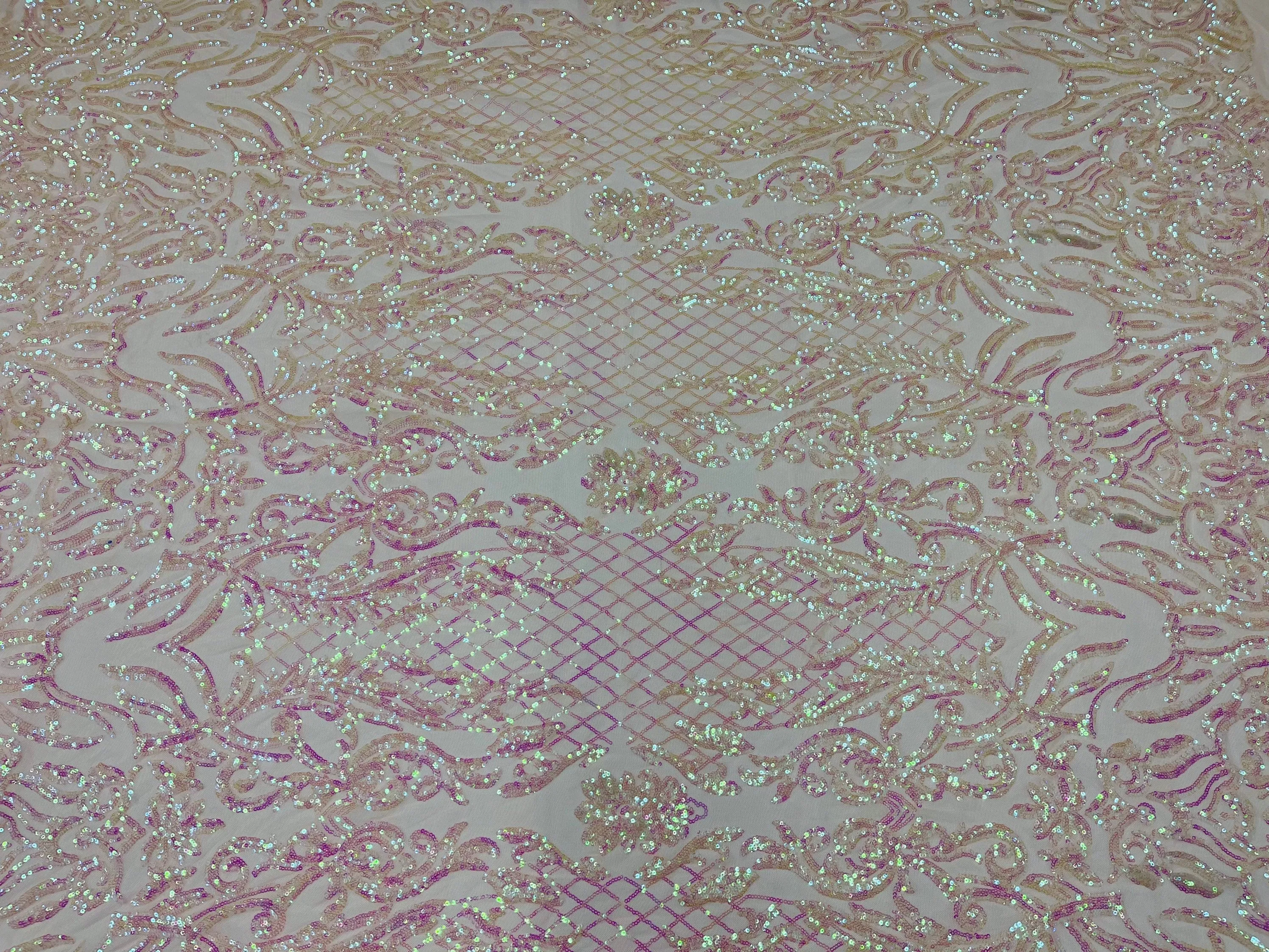 Pink iridescent shiny sequin damask design on a 4 way stretch mesh-prom-nightgown-sold by the yard.