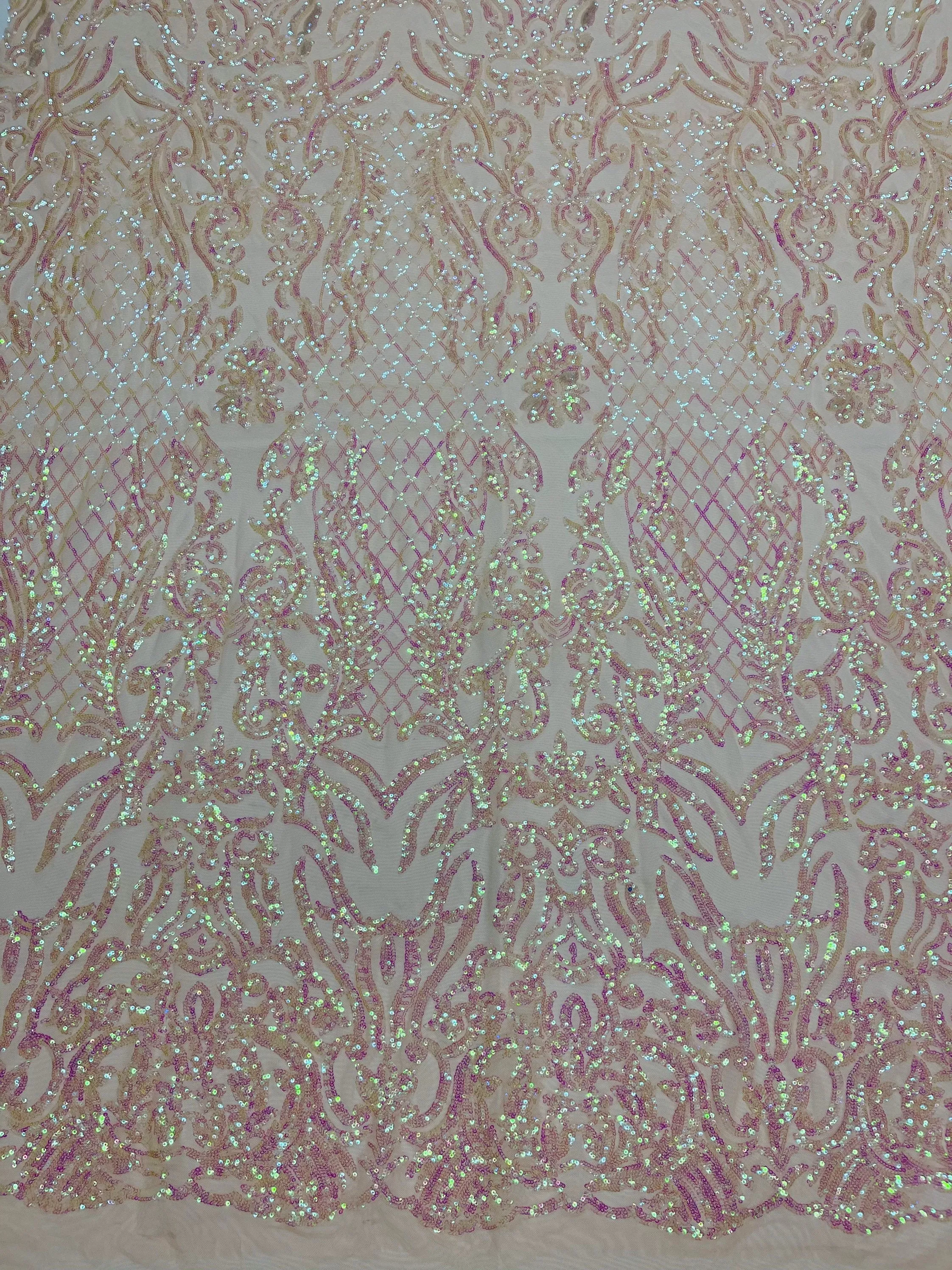 Pink iridescent shiny sequin damask design on a 4 way stretch mesh-prom-nightgown-sold by the yard.