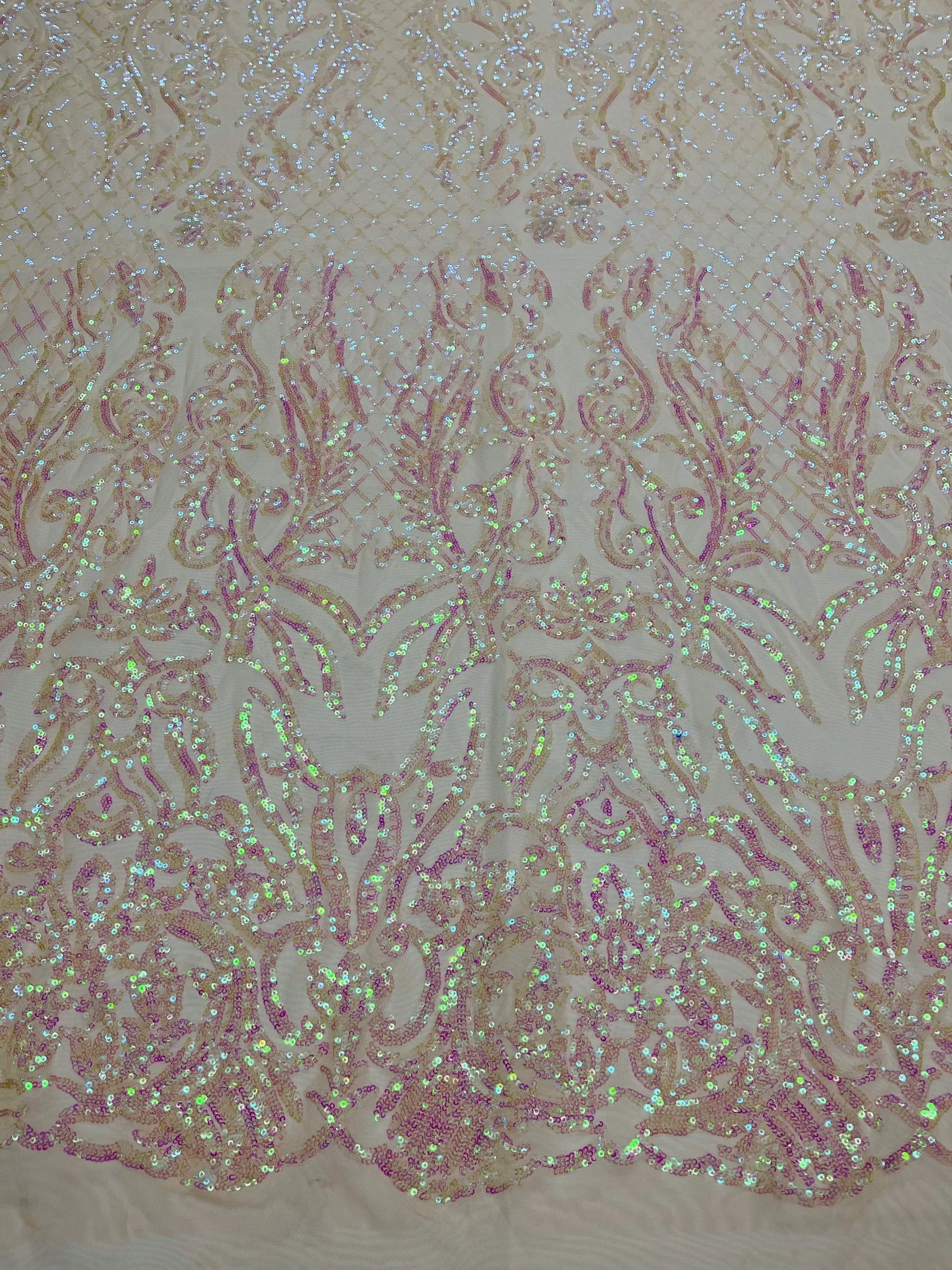 Pink iridescent shiny sequin damask design on a 4 way stretch mesh-prom-nightgown-sold by the yard.