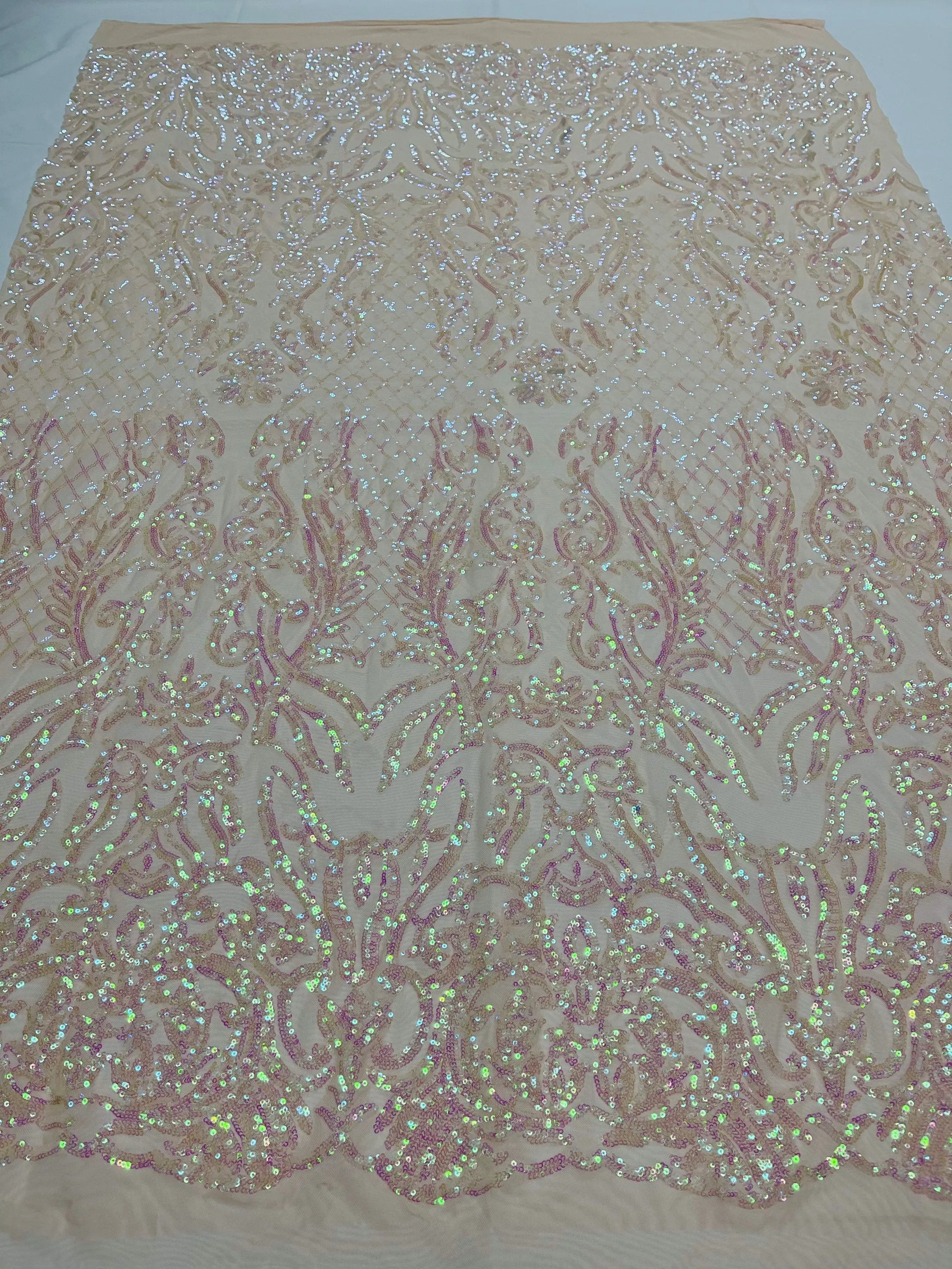 Pink iridescent shiny sequin damask design on a 4 way stretch mesh-prom-nightgown-sold by the yard.