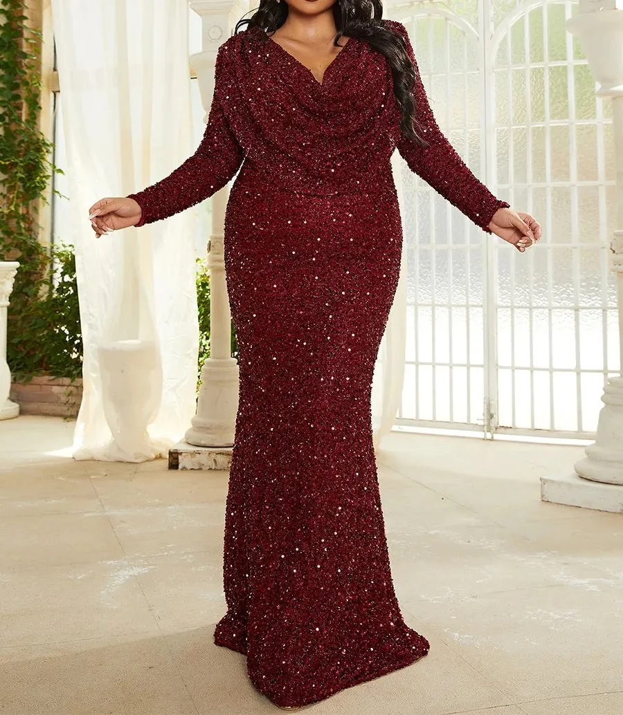 Plus Size Draped Sweetheart Burgundy Mermaid Sequin Dress