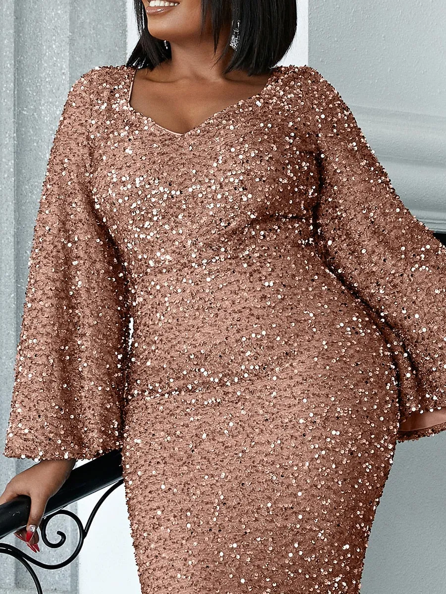 PLUS SIZE Sweetheart Neck Maxi Sequin Trumpet Sleeve Gown