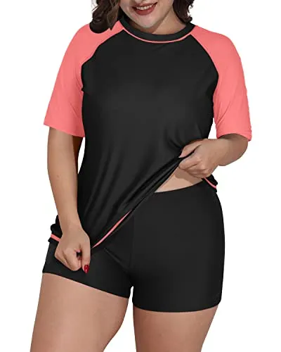 Plus Size Women's Elasticated Rashguard Swimsuit-Black And Coral Pink