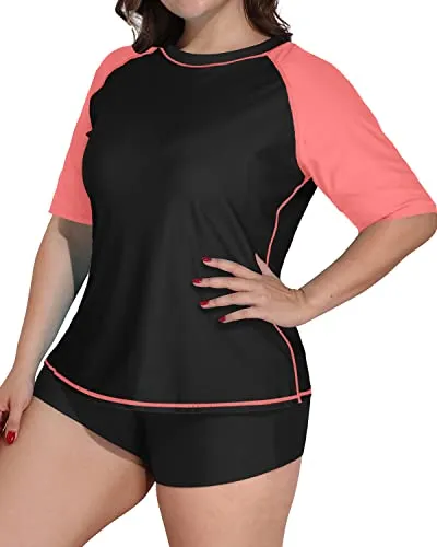 Plus Size Women's Elasticated Rashguard Swimsuit-Black And Coral Pink