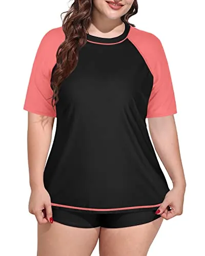Plus Size Women's Elasticated Rashguard Swimsuit-Black And Coral Pink
