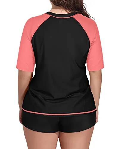 Plus Size Women's Elasticated Rashguard Swimsuit-Black And Coral Pink