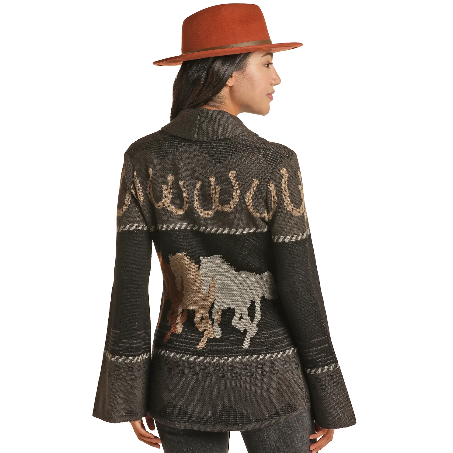 Powder River Ladies Horseshoe & Aztec Black Knit Cardigan PRWO95RZXC-01