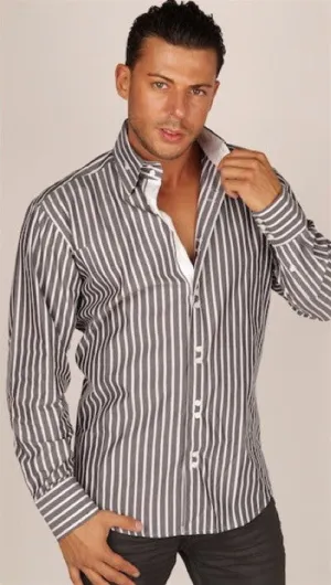 Preview Mens Grey White Thick Stripe Contrast Dress Shirt