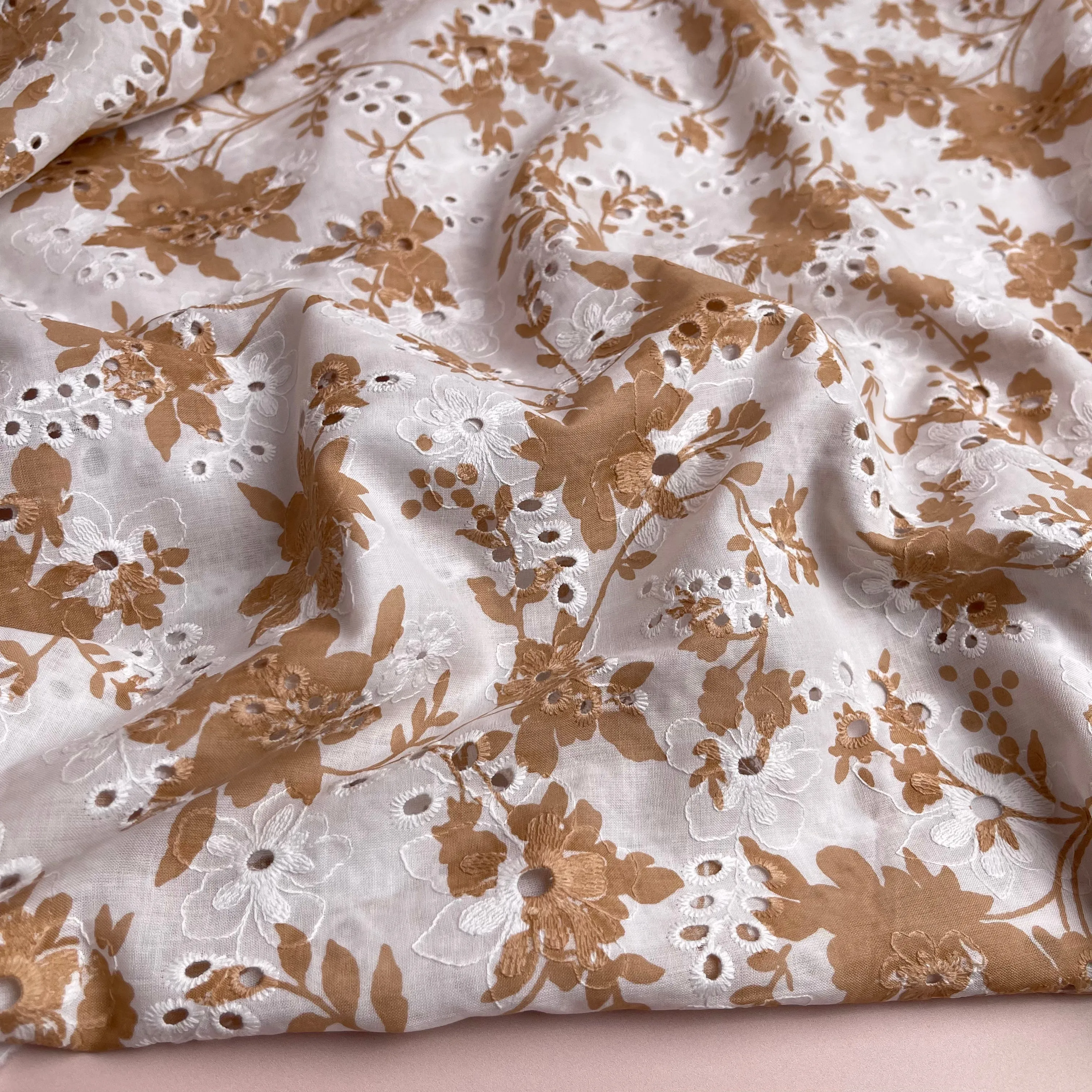 Printed Toffee Flowers Cotton Broderie Anglaise Fabric