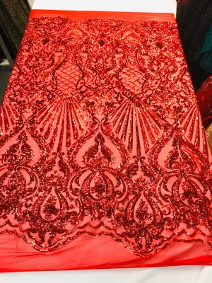 Red shiny sequin damask design on a 4 way stretch mesh-prom-nightgown-sold by the yard-free shipping in the usa-