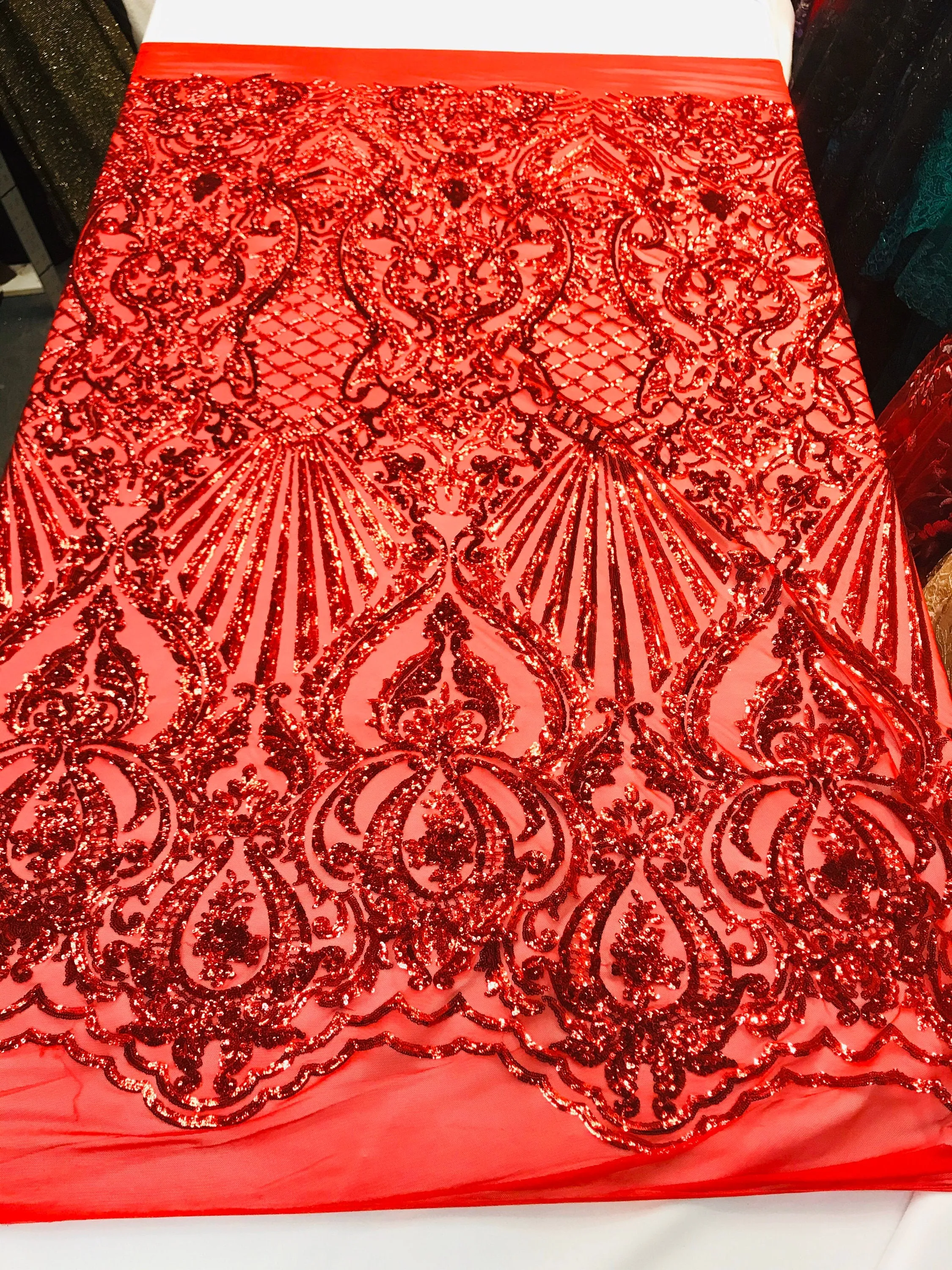 Red shiny sequin damask design on a 4 way stretch mesh-prom-nightgown-sold by the yard-free shipping in the usa-