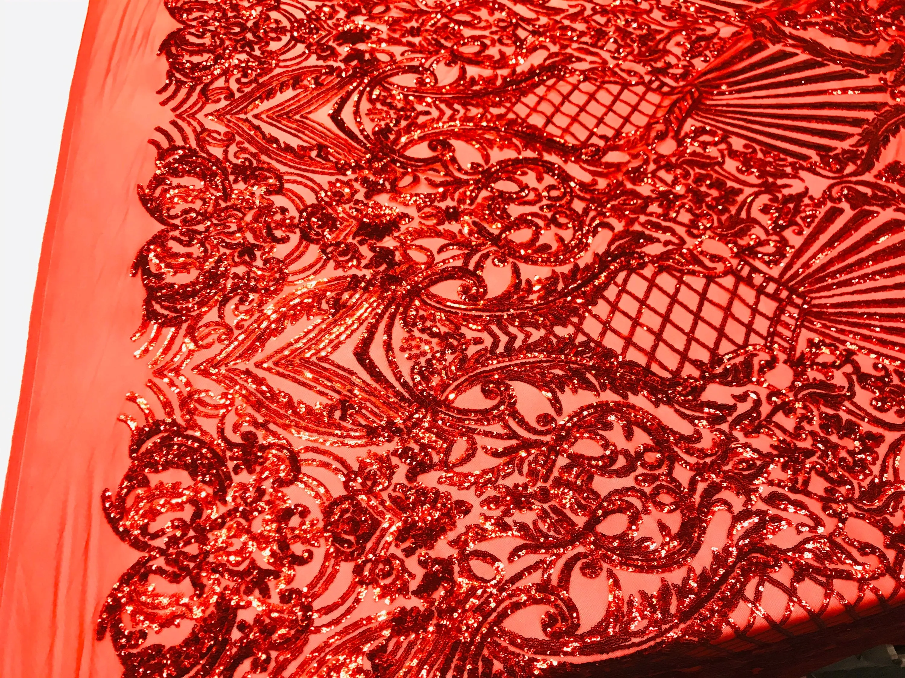 Red shiny sequin damask design on a 4 way stretch mesh-prom-nightgown-sold by the yard-free shipping in the usa-
