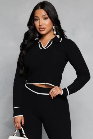 Ribbed Knit Contrast Trim Crop Top