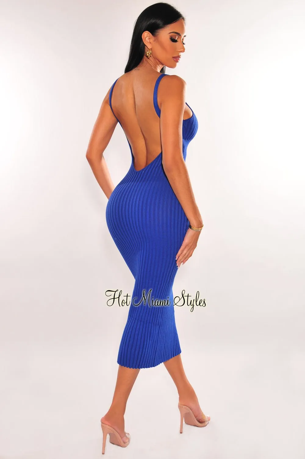 Royal Blue Ribbed Sleeveless Scoop Back Midi Dress