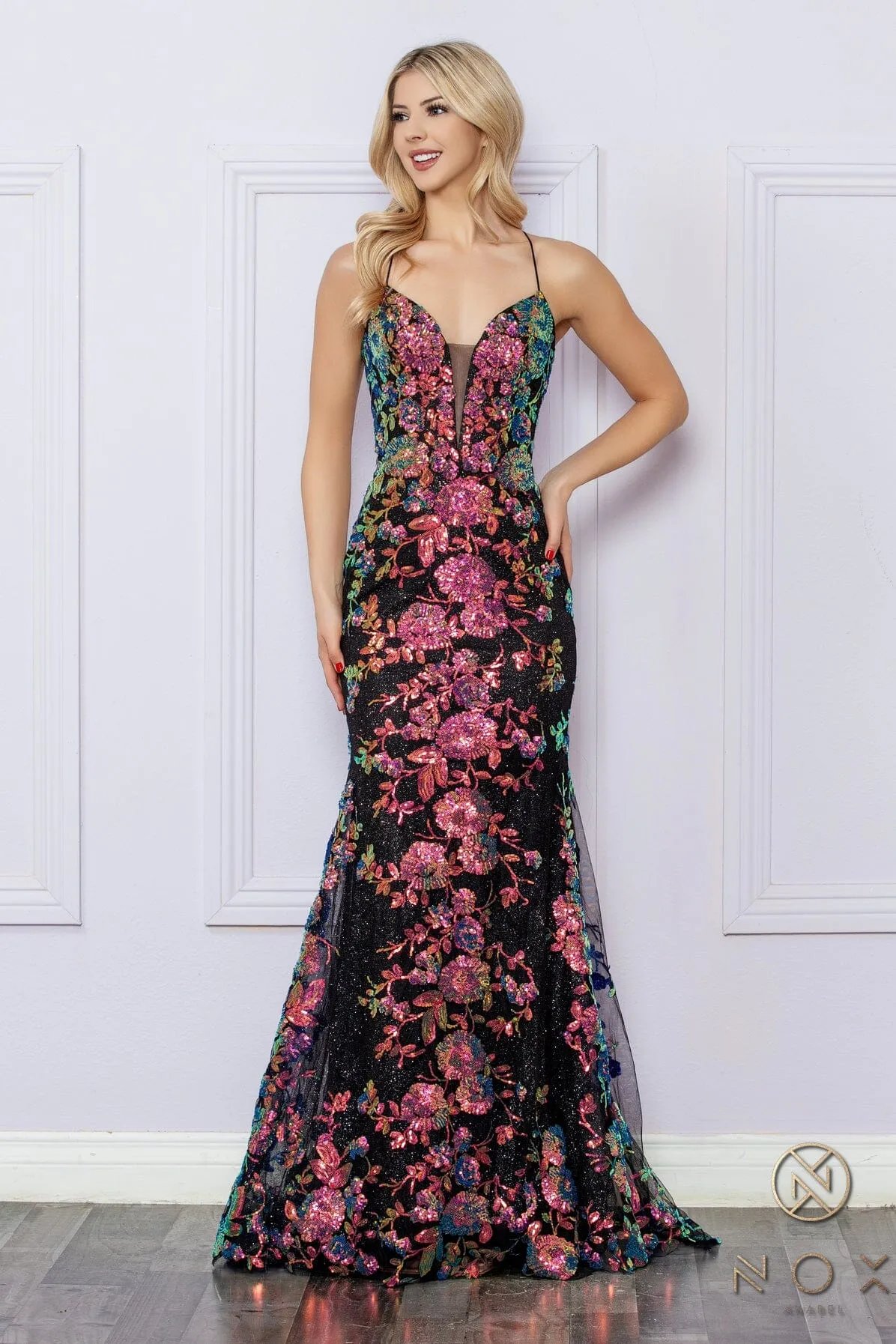 Sequin Print Sleeveless Mermaid Gown by Nox Anabel R1439
