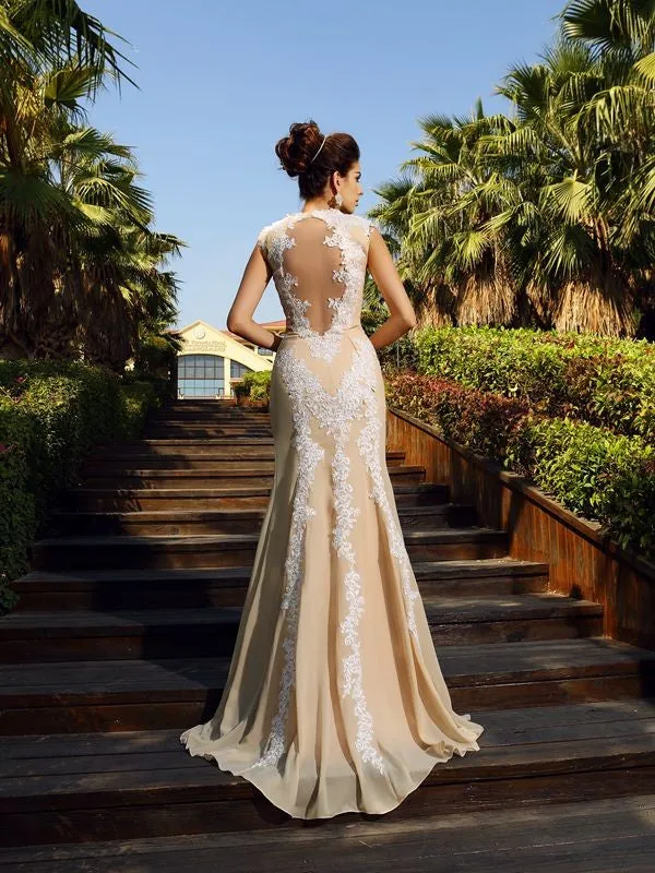 Sheath/Column High Neck Applique Sleeveless Long Chiffon Dresses
