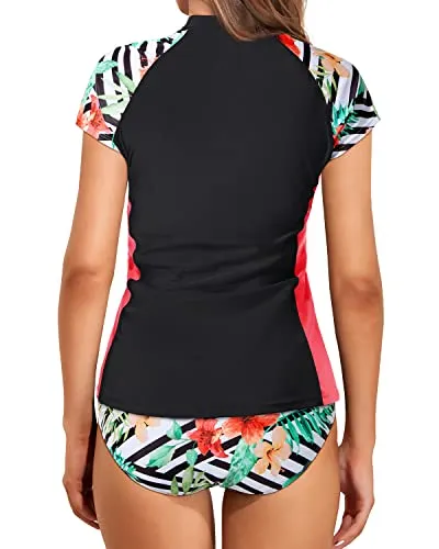 Short Sleeve Zipper Swimsuit Women's Two Piece Cap Sleeve Rash Guard Bathing Suit