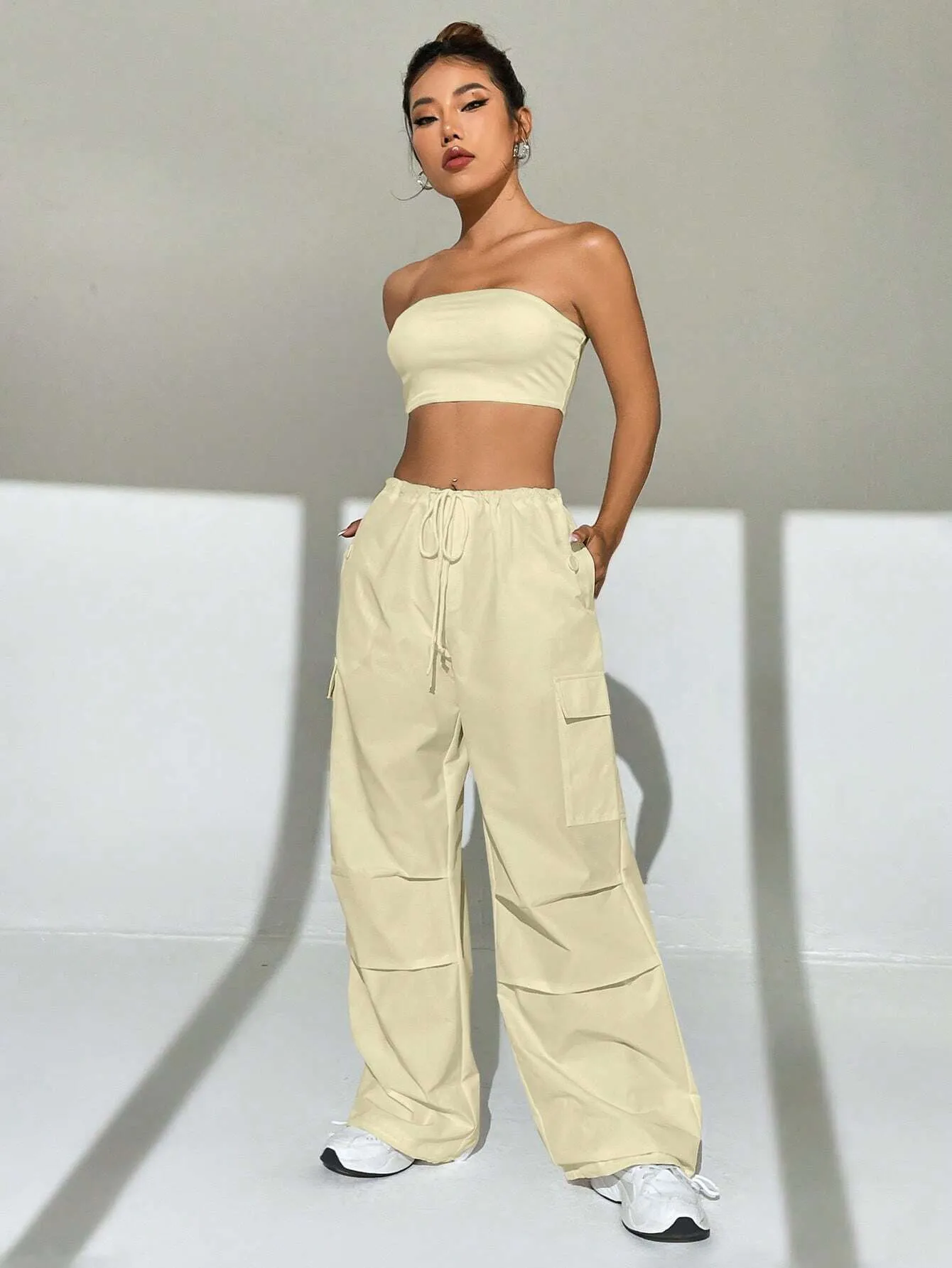Solid Colored Tube Top With Cargo Pants