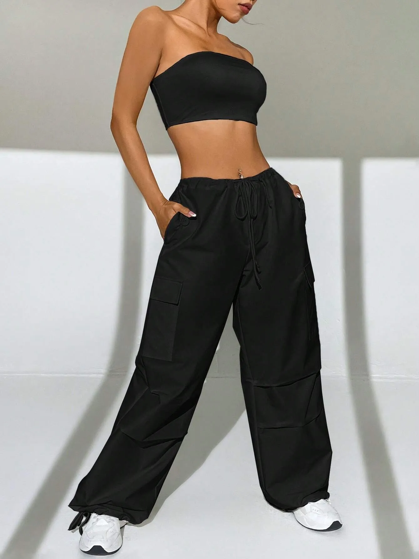 Solid Colored Tube Top With Cargo Pants