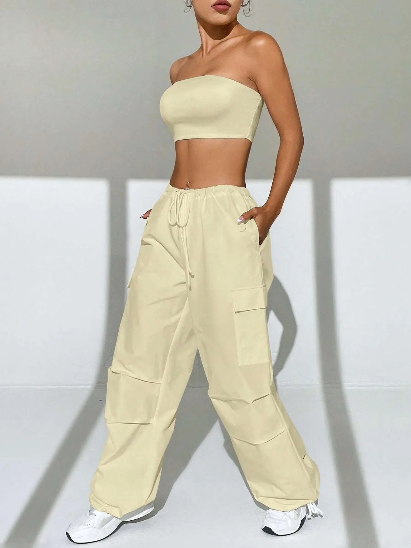 Solid Colored Tube Top With Cargo Pants