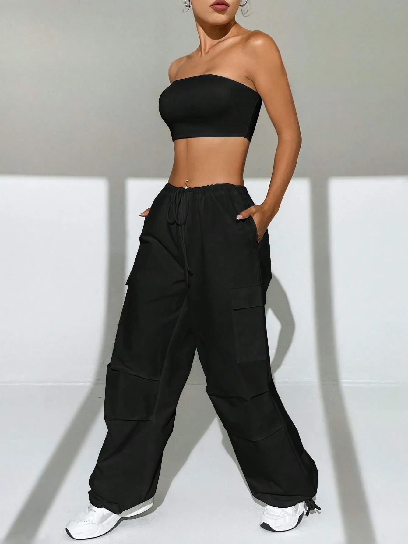 Solid Colored Tube Top With Cargo Pants