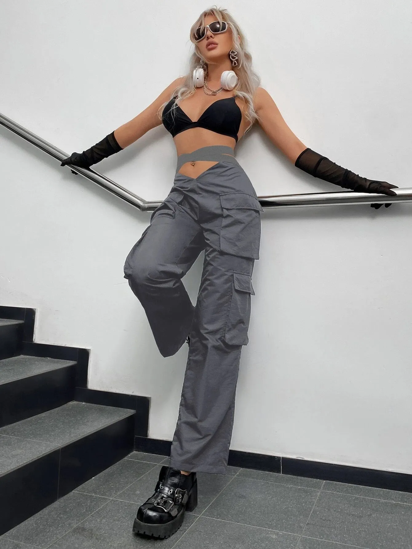 Street V Cut Waist Camo Print Cargo Pants