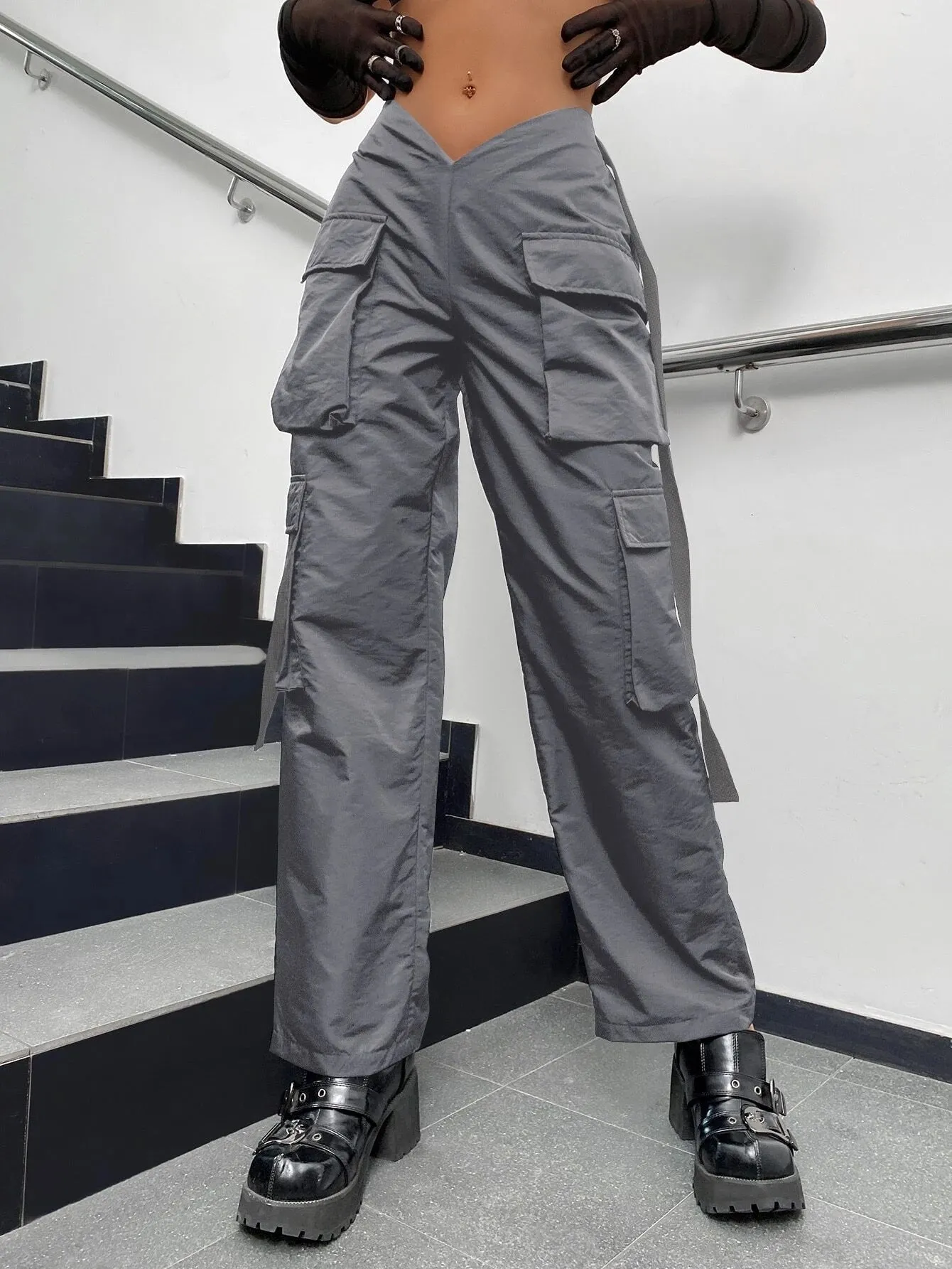Street V Cut Waist Camo Print Cargo Pants