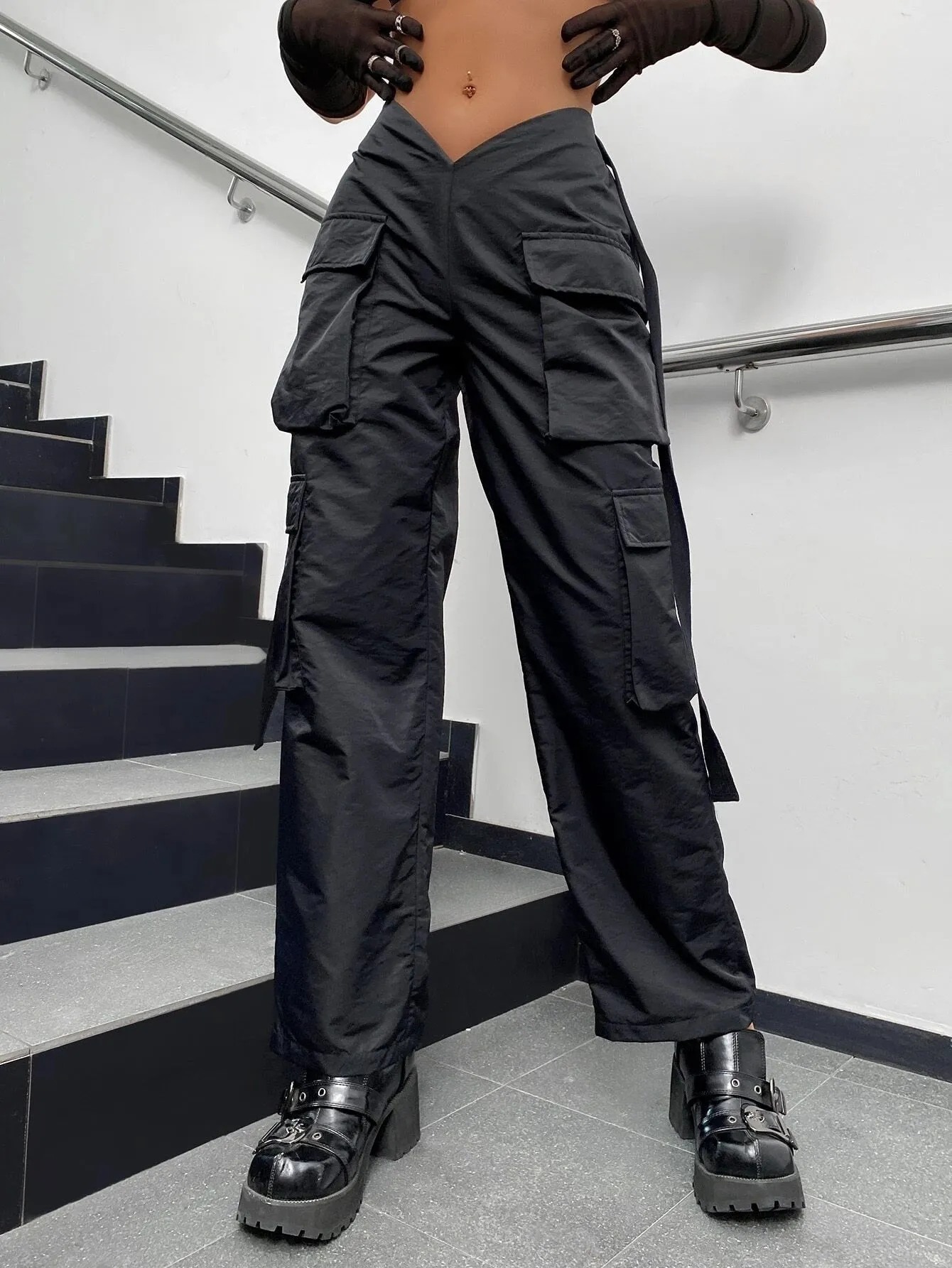 Street V Cut Waist Camo Print Cargo Pants