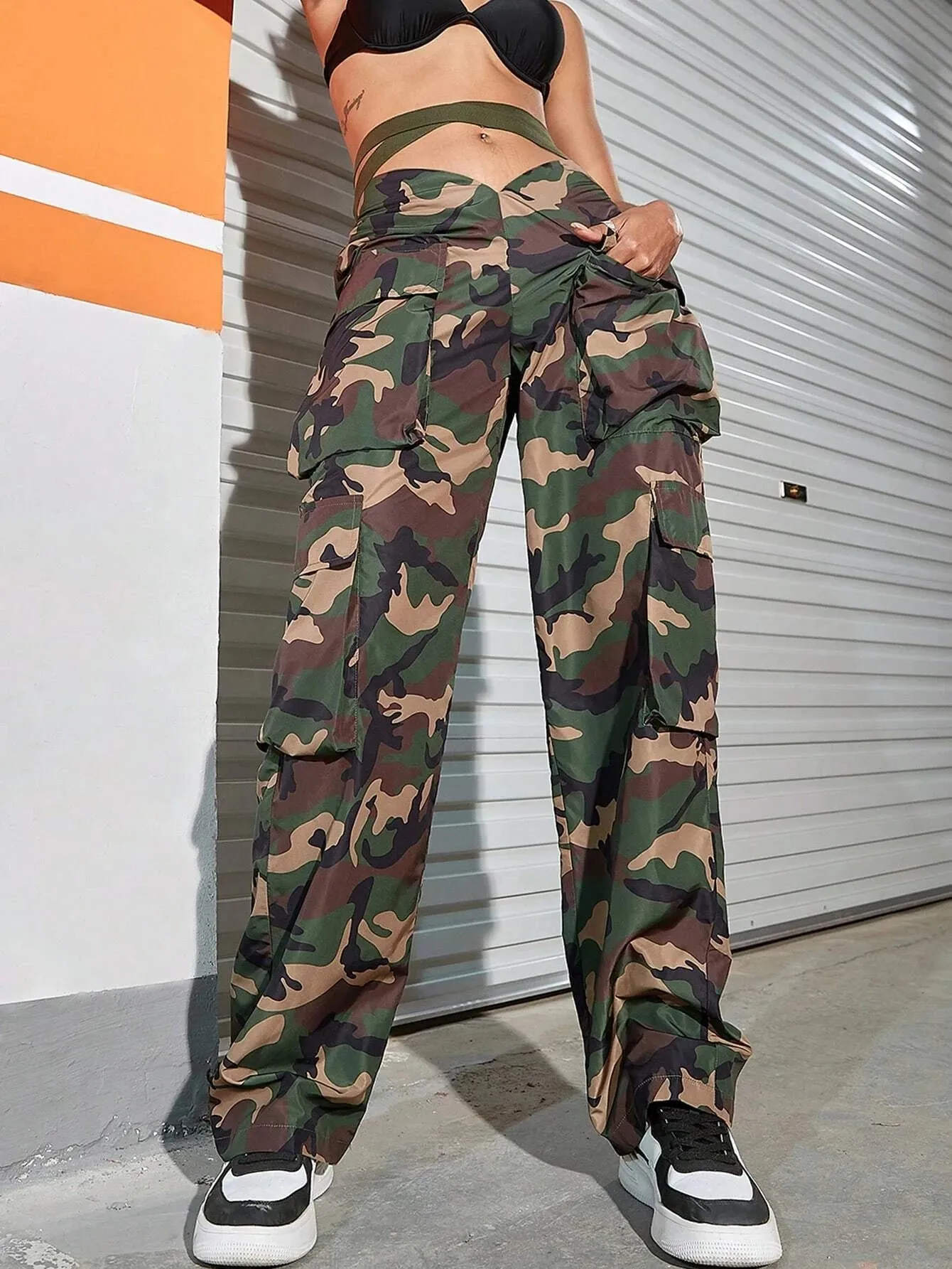 Street V Cut Waist Camo Print Cargo Pants
