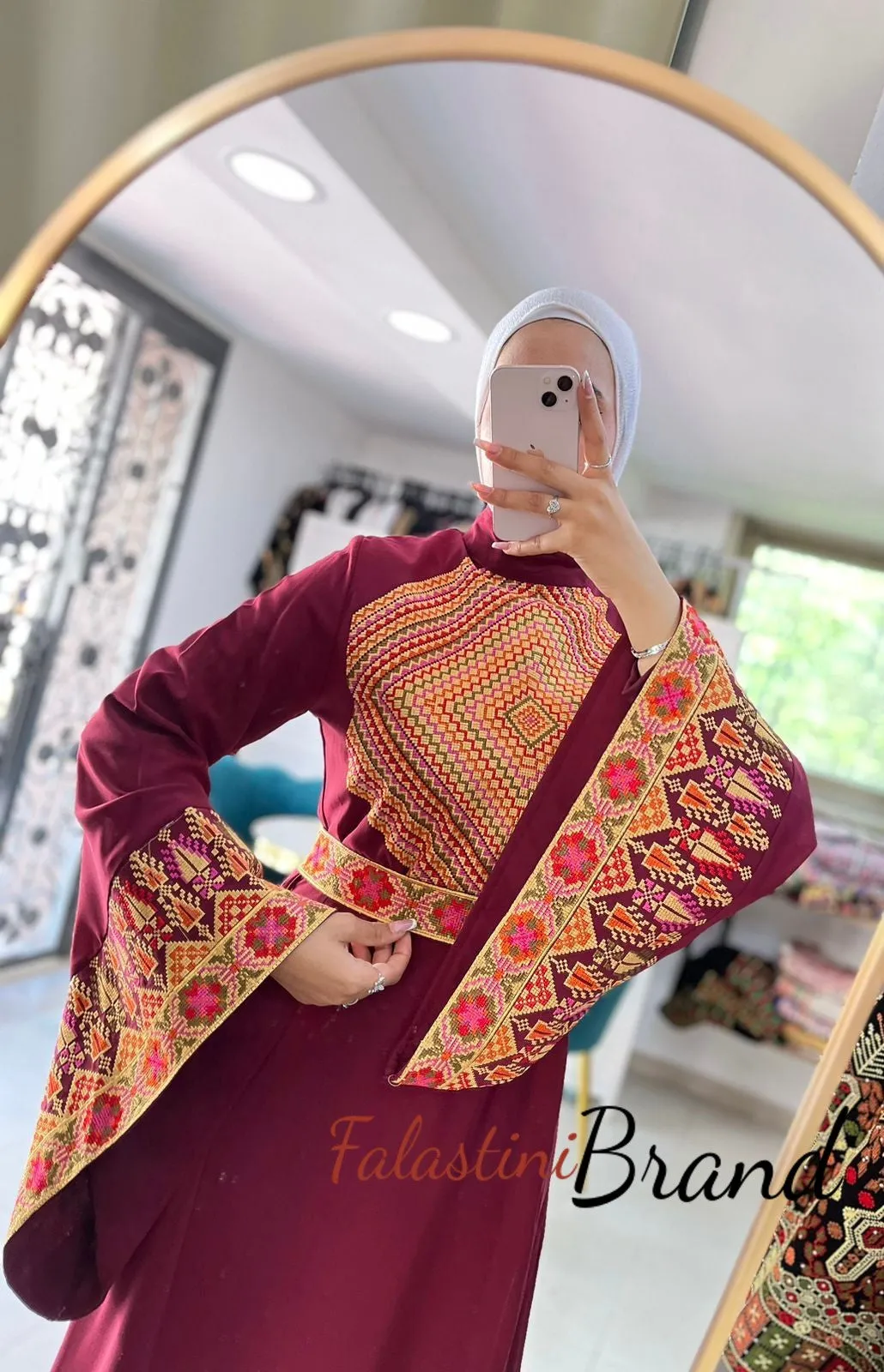 Stylish New Design Burgundy Embroidered Dress with Wide Embroidered Sleeves