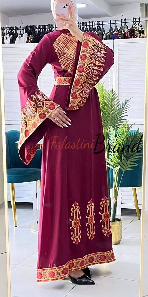 Stylish New Design Burgundy Embroidered Dress with Wide Embroidered Sleeves
