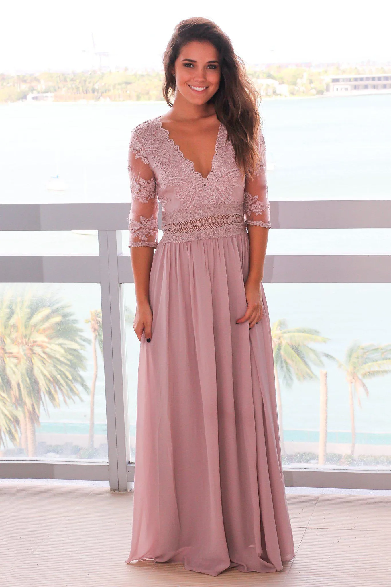 Taupe Gray V-Neck Maxi Dress with Mesh Embroidered Sleeves
