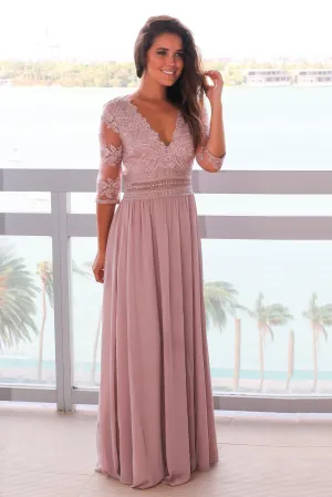 Taupe Gray V-Neck Maxi Dress with Mesh Embroidered Sleeves