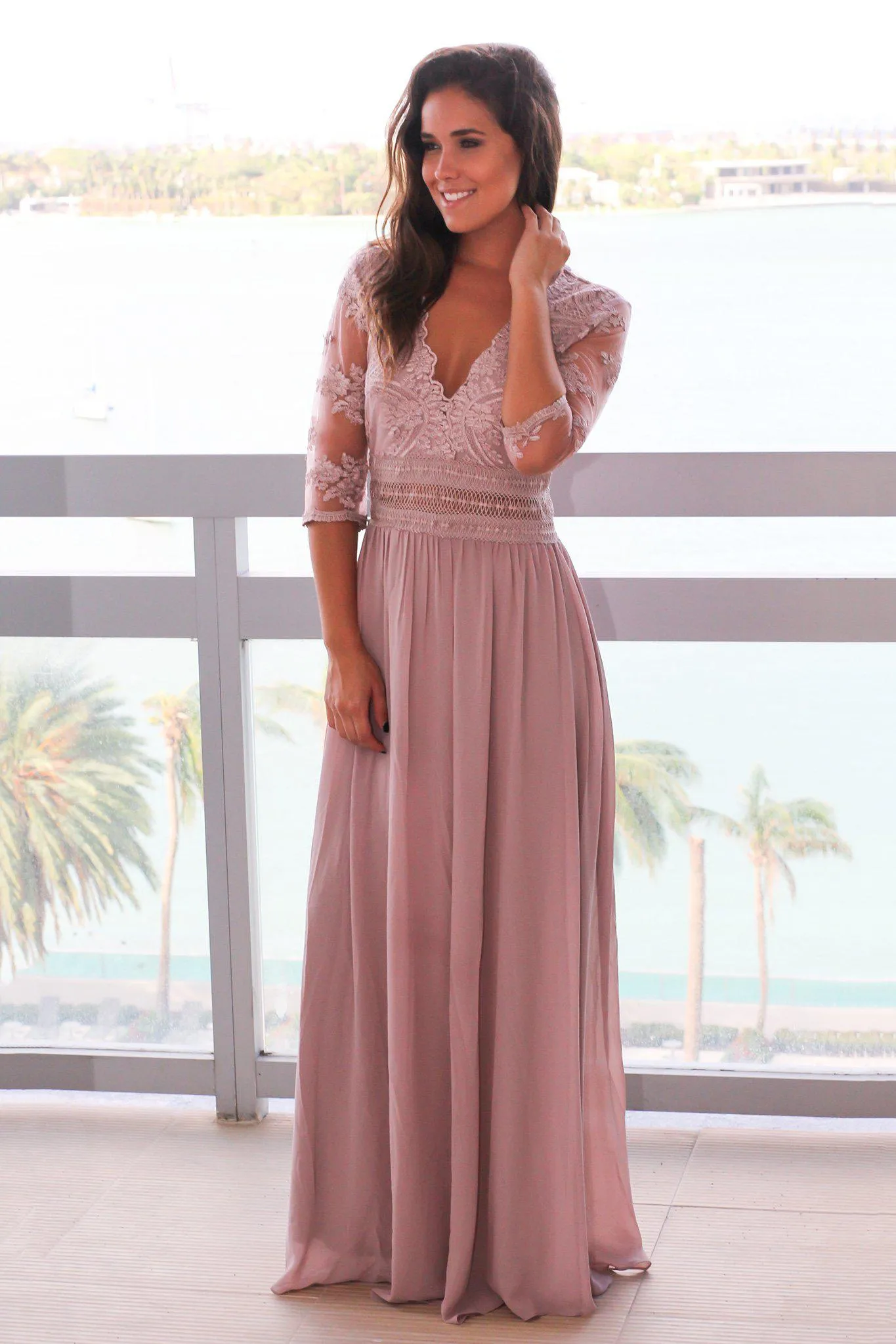 Taupe Gray V-Neck Maxi Dress with Mesh Embroidered Sleeves