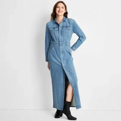 Universal Thread Women's Long Sleeve Denim Shirt Maxi Dress