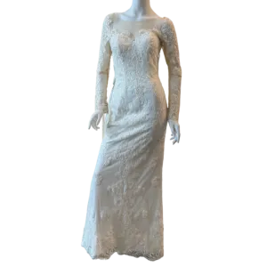 White Lace w/Sequin Long Sleeve Fitted Gown