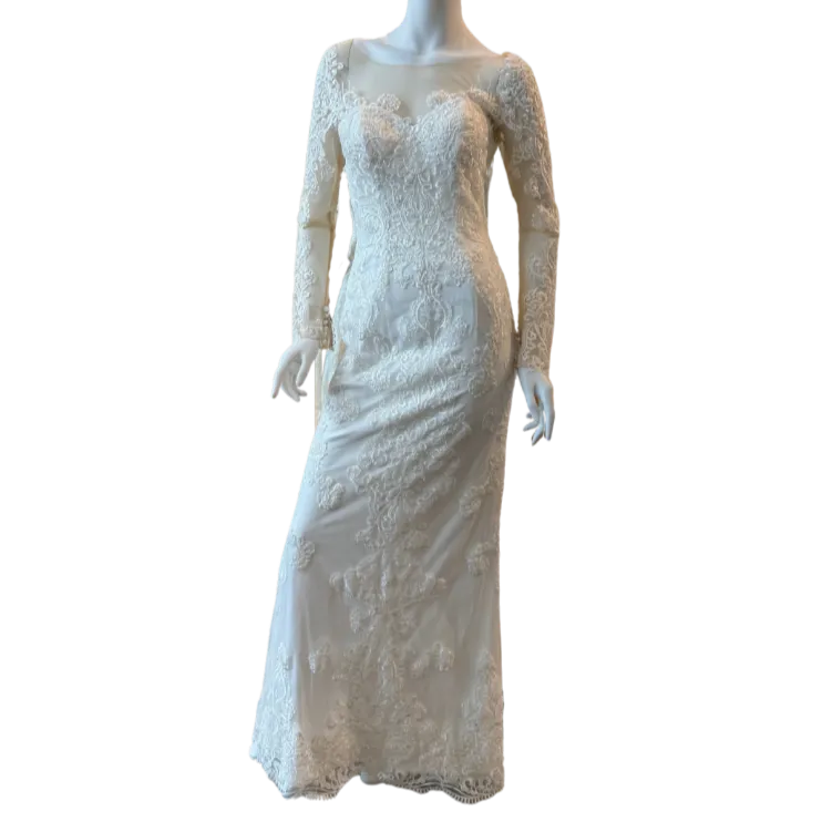 White Lace w/Sequin Long Sleeve Fitted Gown